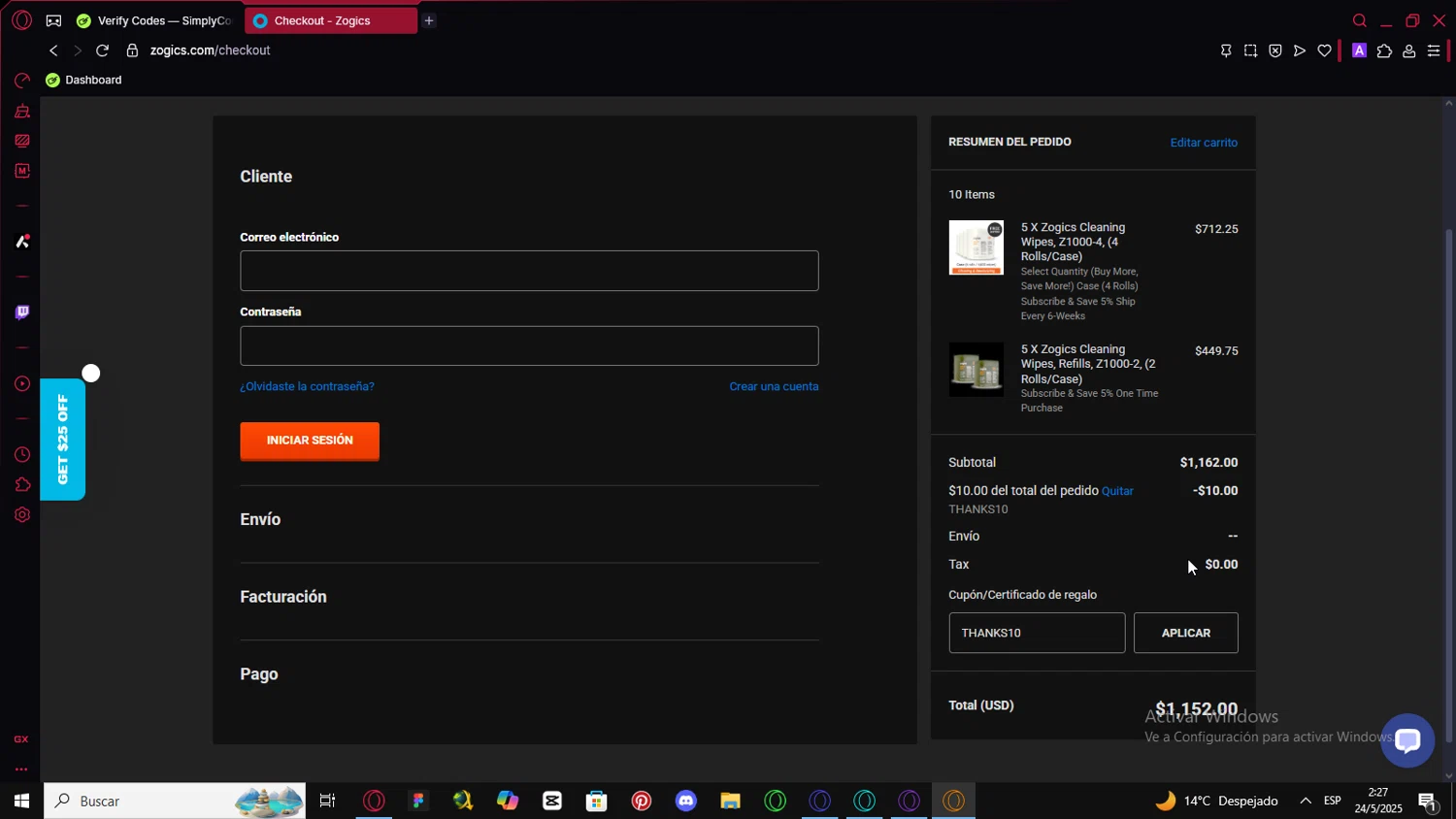 Zogics promo code screenshot showing code THANKS10 applied at Zogics checkout page. Uploaded by SimplyCodes community member FortunateHawk6980 on May 24, 2025
