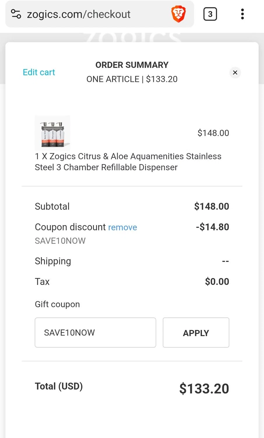 Zogics promo code screenshot showing code SAVE10NOW applied at Zogics checkout page. Uploaded by SimplyCodes community member JuanMonge on May 24, 2025