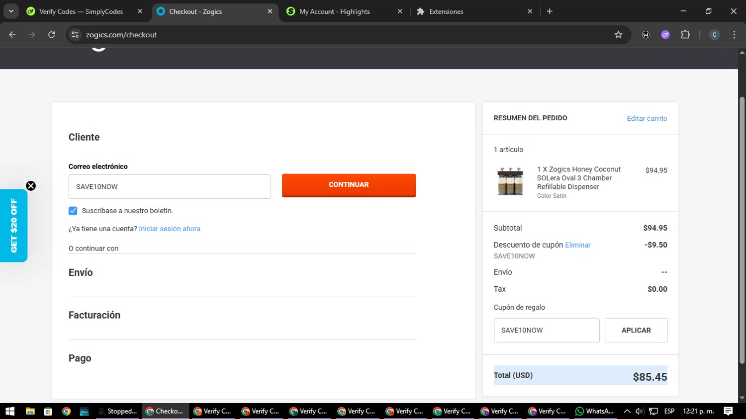 Zogics promo code screenshot showing code SAVE10NOW applied at Zogics checkout page. Uploaded by SimplyCodes community member Nata_Montana on Jul 17, 2025
