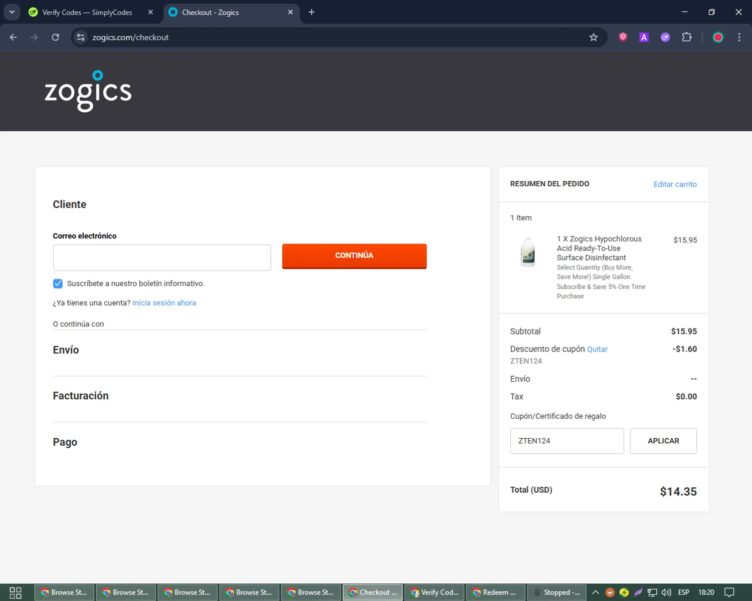 Zogics promo code screenshot showing code ZTEN124 applied at Zogics checkout page. Uploaded by SimplyCodes community member Joseph_Davis on Jul 17, 2025