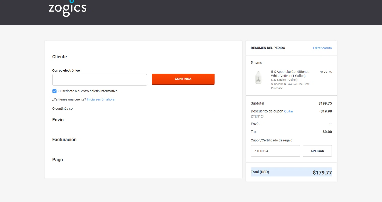 Zogics promo code screenshot showing code ZTEN124 applied at Zogics checkout page. Uploaded by SimplyCodes community member Kmacho on Jul 17, 2025