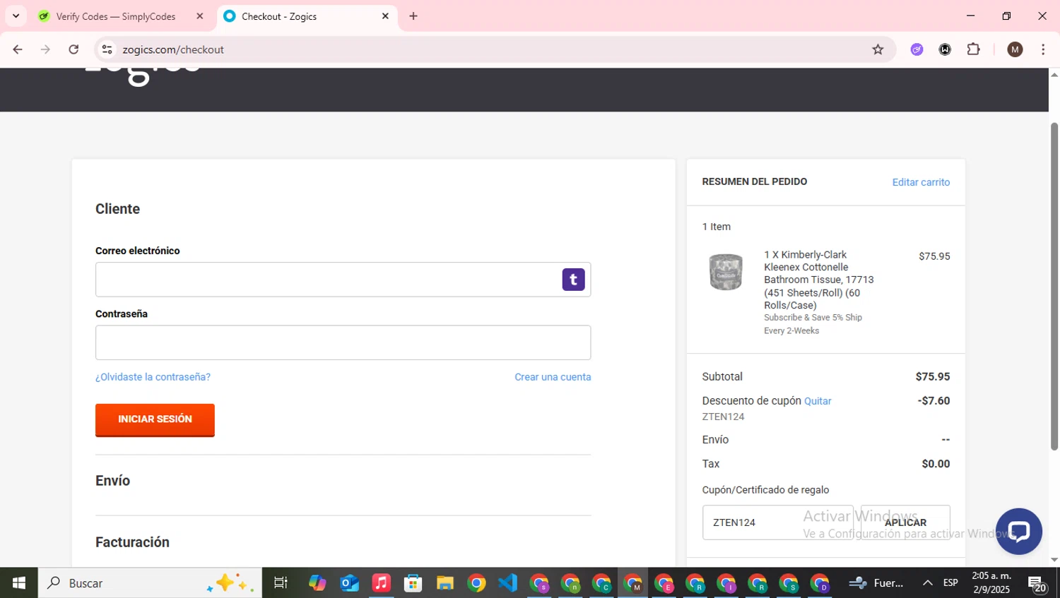Zogics promo code screenshot showing code ZTEN124 applied at Zogics checkout page. Uploaded by SimplyCodes community member WonderWizard9060 on Sep 2, 2025
