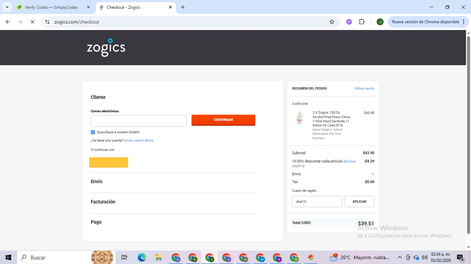 Zogics checkout page showing Zogics promo code box | Screenshot taken by SimplyCodes community member on Feb 3, 2026