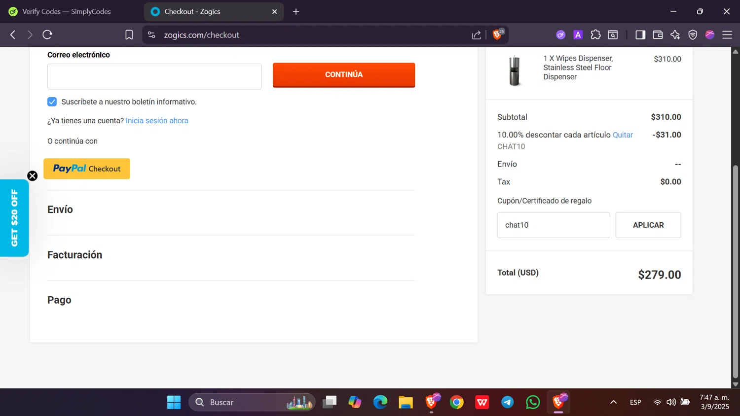 Zogics promo code screenshot showing code chat10 applied at Zogics checkout page. Uploaded by SimplyCodes community member Toji_fushiguro on Sep 3, 2025