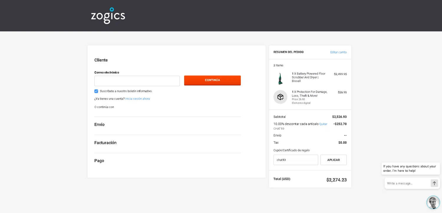 Zogics promo code screenshot showing code chat10 applied at Zogics checkout page. Uploaded by SimplyCodes community member VictoriousFinder4393 on Oct 31, 2025