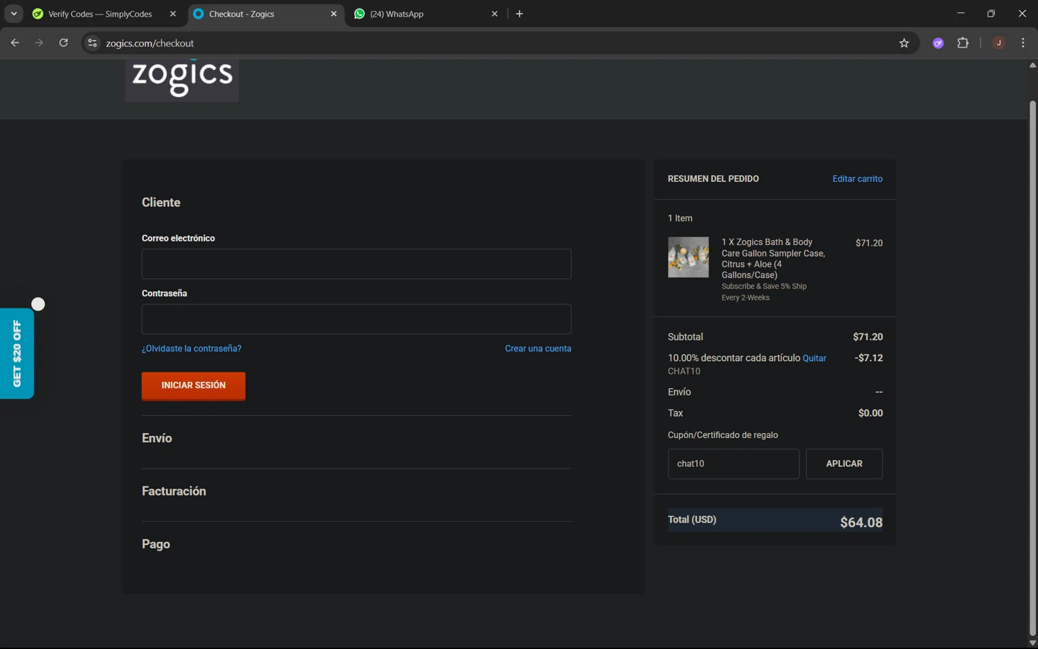 Zogics promo code screenshot showing code chat10 applied at Zogics checkout page. Uploaded by SimplyCodes community member juanx1702 on Jul 17, 2025