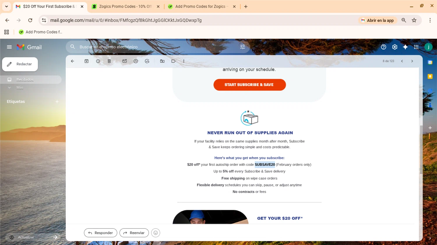 Zogics promo code screenshot showing code SUBSAVE20 applied at Zogics checkout page. Uploaded by SimplyCodes community member yennifergonzalez on Feb 3, 2026