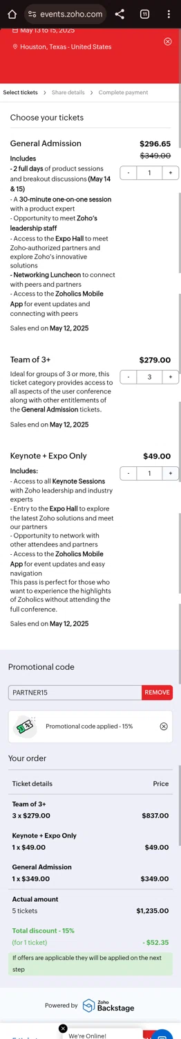 Zoho promo code screenshot showing code PARTNER15 applied at Zoho checkout page. Uploaded by SimplyCodes community member Olivatle on May 7, 2025