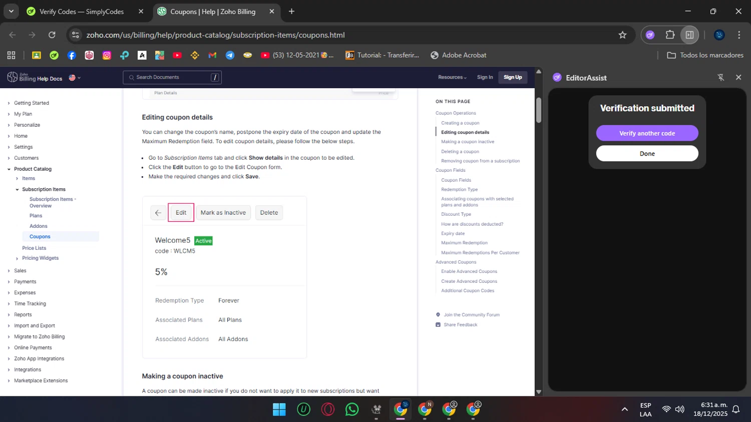 Zoho promo code screenshot showing code wlcm5 applied at Zoho checkout page. Uploaded by SimplyCodes community member Crchirino1 on Dec 18, 2025