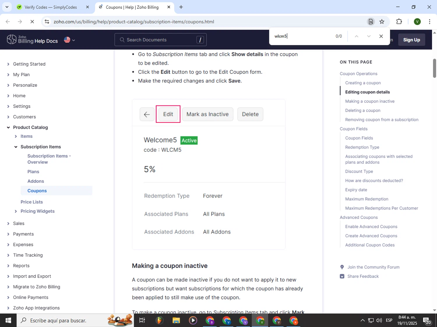 Zoho promo code screenshot showing code wlcm5 applied at Zoho checkout page. Uploaded by SimplyCodes community member PrimeWizard4168 on Nov 19, 2025