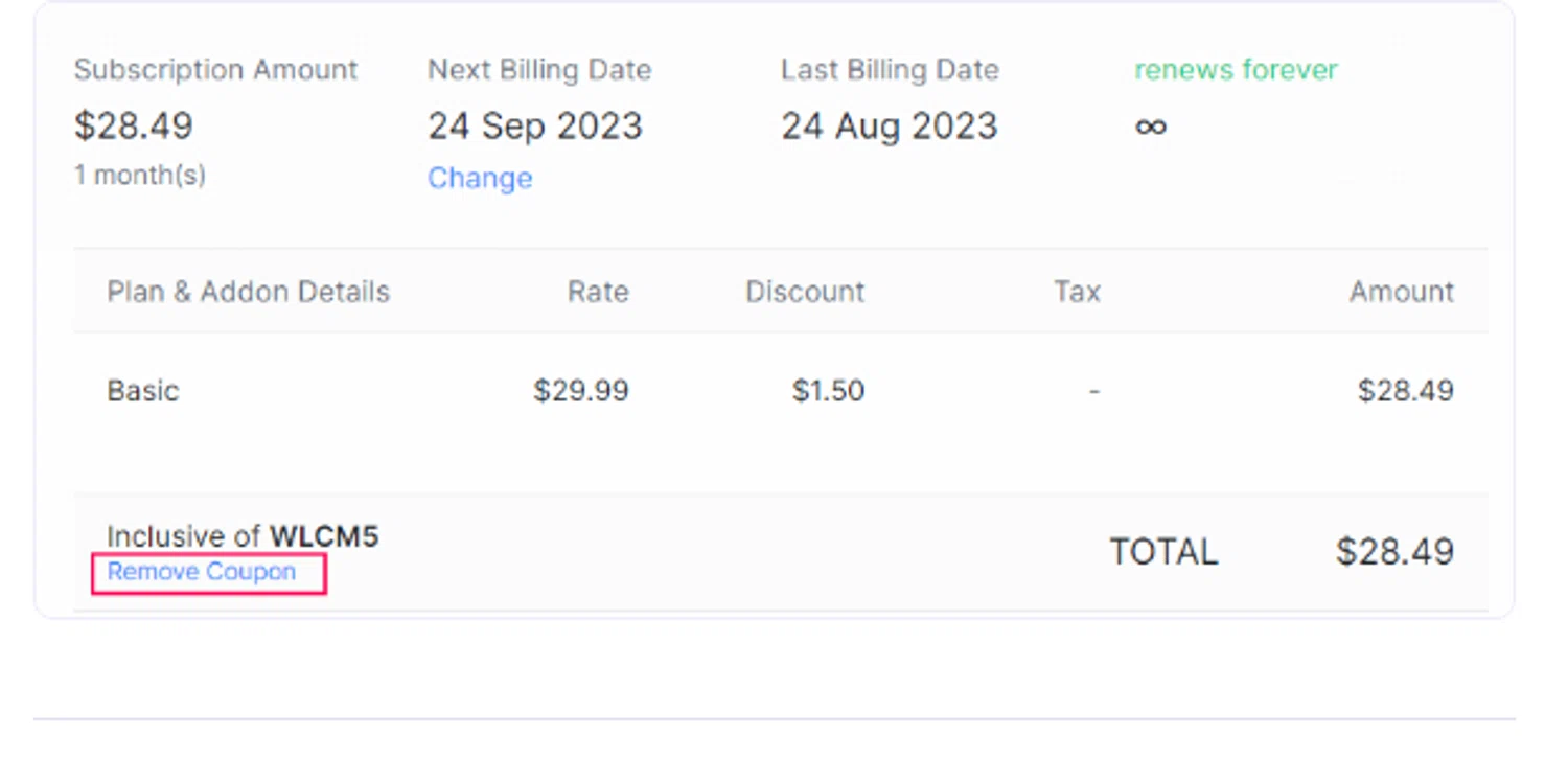 Zoho promo code screenshot showing code wlcm5 applied at Zoho checkout page. Uploaded by SimplyCodes community member WiseWizard5057 on Oct 21, 2025