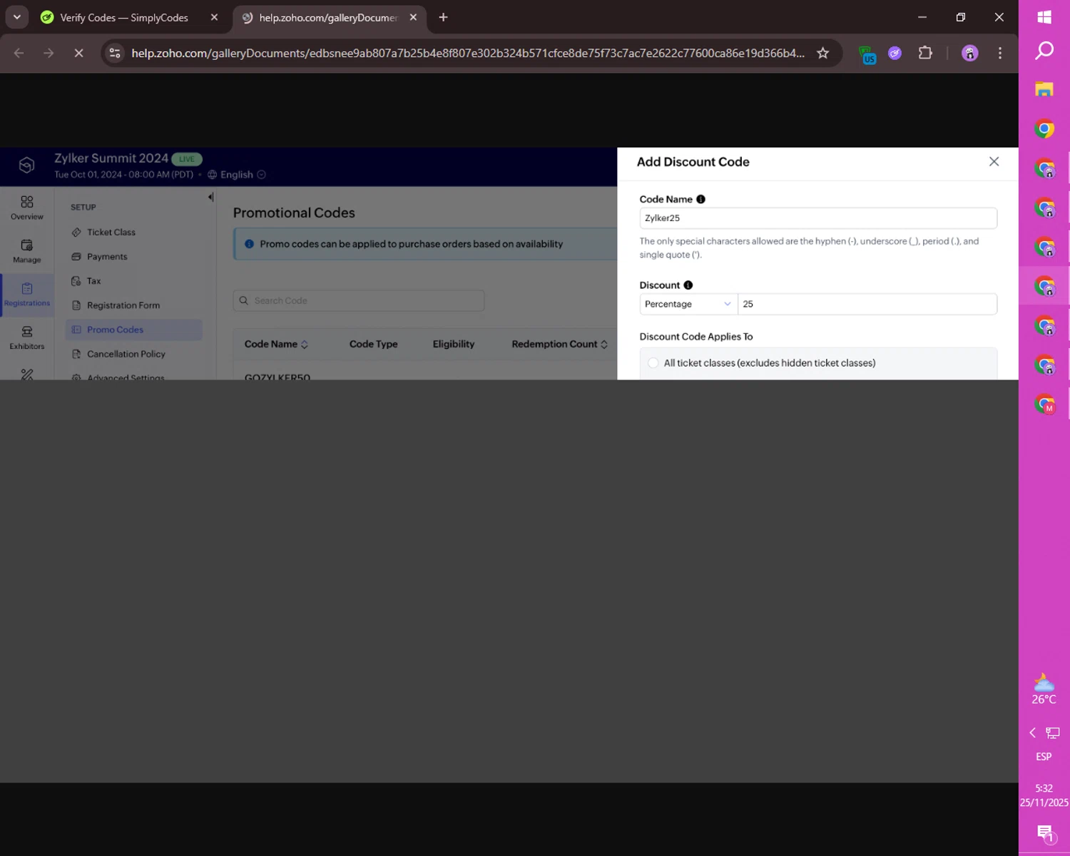 Zoho promo code screenshot showing code gozylker50 applied at Zoho checkout page. Uploaded by SimplyCodes community member ositouno on Nov 25, 2025