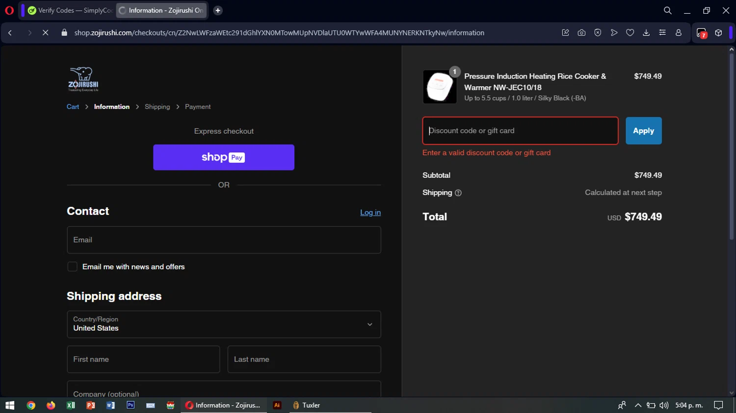 Zojirushi discount code screenshot showing code BF20 applied at Zojirushi checkout page. Uploaded by SimplyCodes community member SavingsTiger3479 on Feb 23, 2025