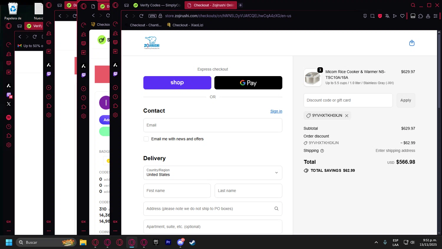 Zojirushi discount code screenshot showing code 9YVHXTKH0XJN applied at Zojirushi checkout page. Uploaded by SimplyCodes community member Halanweik on Nov 16, 2025