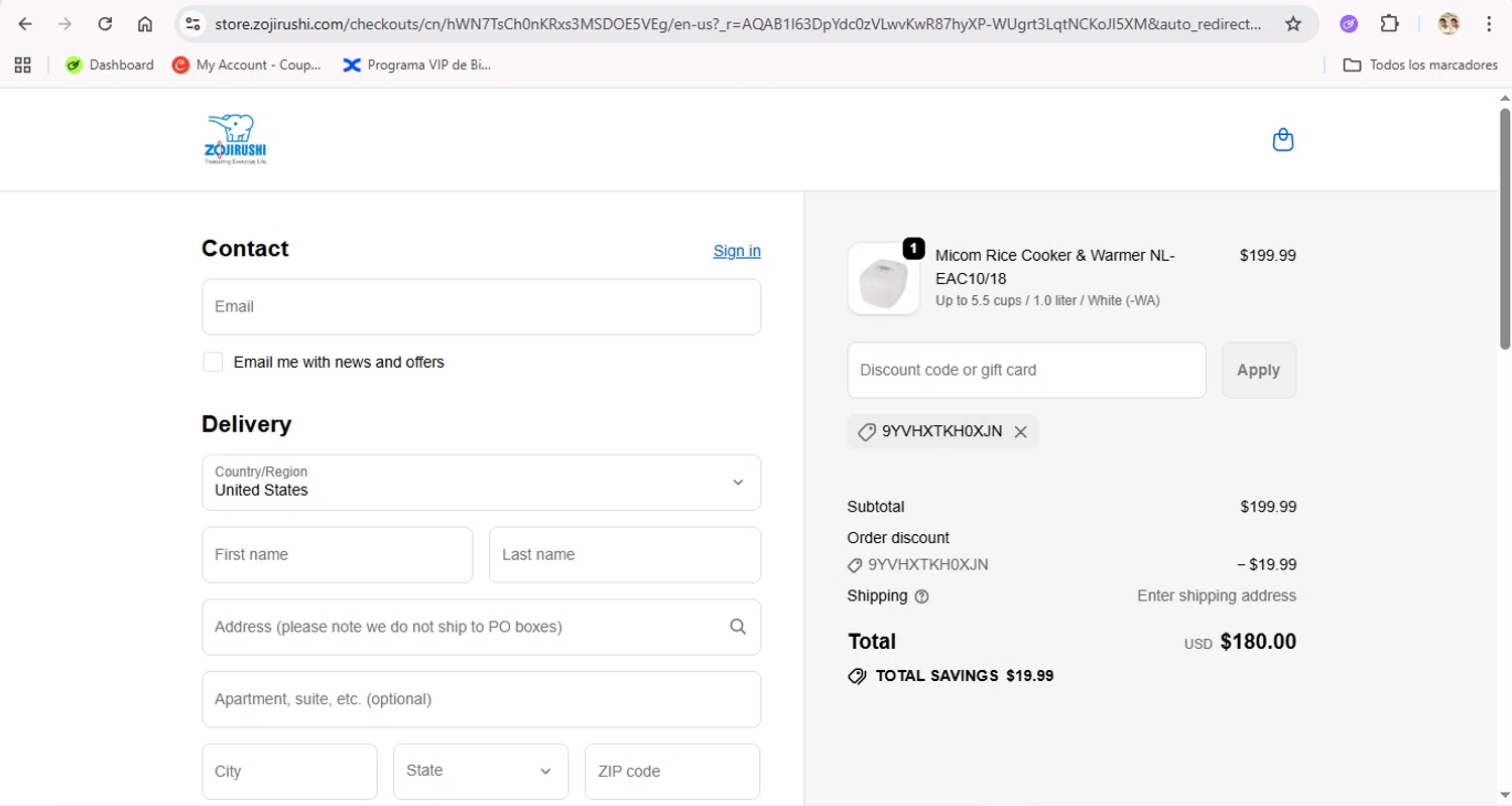 Zojirushi checkout page showing Zojirushi discount code box | Screenshot taken by SimplyCodes community member on Jan 11, 2026