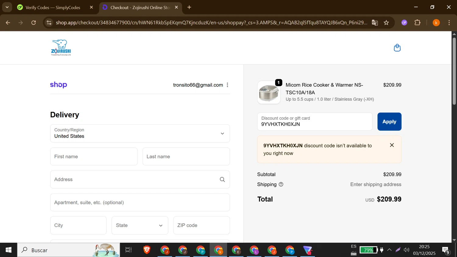 Zojirushi discount code screenshot showing code 9YVHXTKH0XJN applied at Zojirushi checkout page. Uploaded by SimplyCodes community member MoneyShopper1883 on Dec 4, 2025