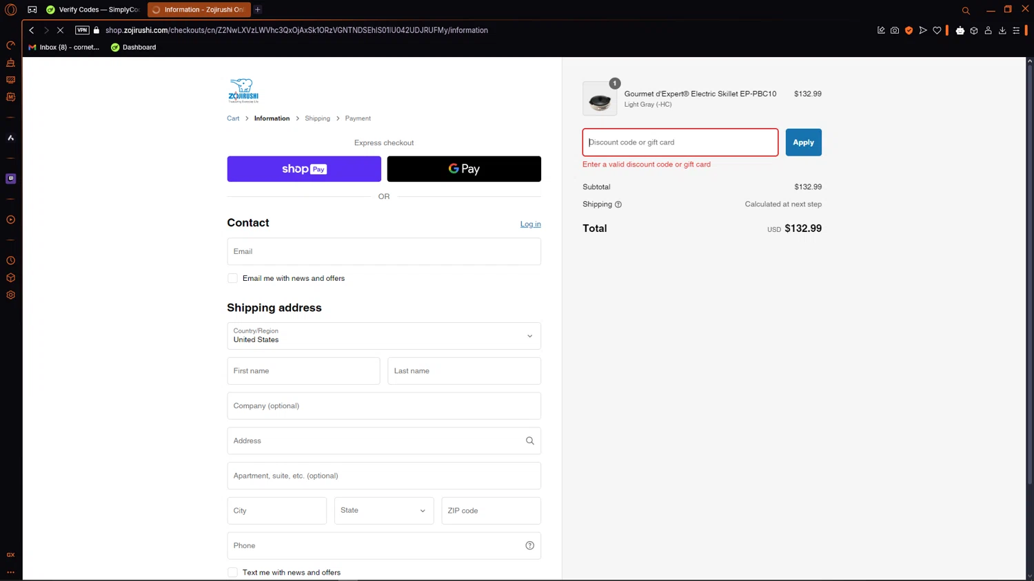 Zojirushi discount code screenshot showing code LIMITEDTIMEOFFER:10/3-10/31 applied at Zojirushi checkout page. Uploaded by SimplyCodes community member ThriftyMaverick5752 on Feb 22, 2025