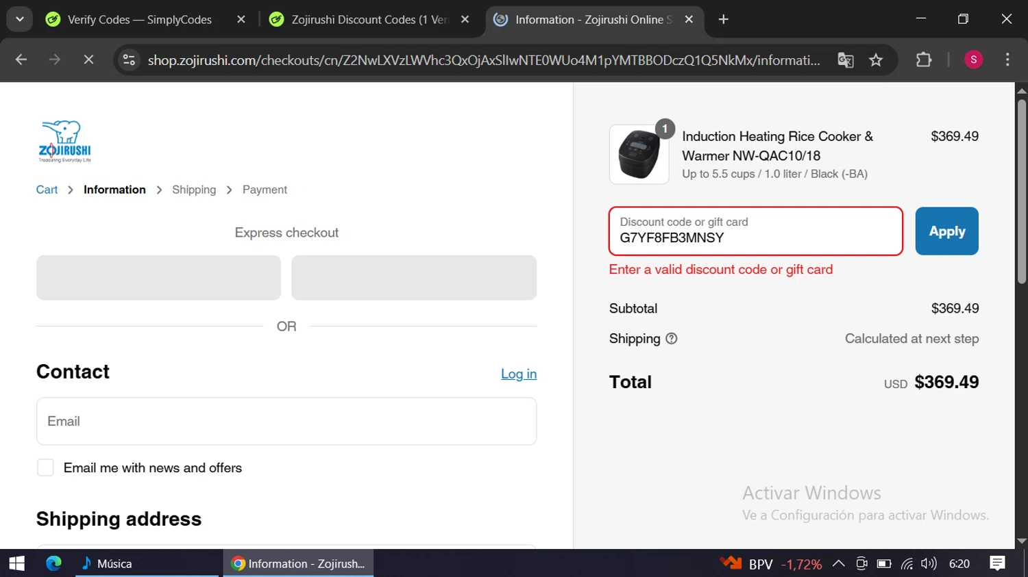 Zojirushi discount code screenshot showing code G7YF8FB3MNSY applied at Zojirushi checkout page. Uploaded by SimplyCodes community member swiftie on Apr 4, 2025