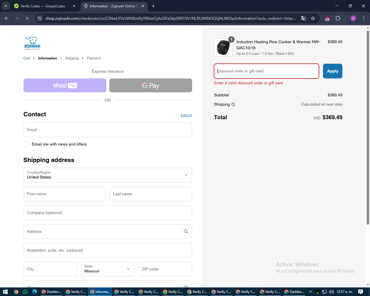 Zojirushi discount code screenshot showing code G7YF8FB3MNSY applied at Zojirushi checkout page. Uploaded by SimplyCodes community member travisscott on Apr 4, 2025
