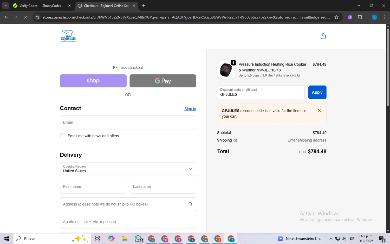 Zojirushi discount code screenshot showing code GFJULES applied at Zojirushi checkout page. Uploaded by SimplyCodes community member FrugalLynx8088 on Dec 4, 2025