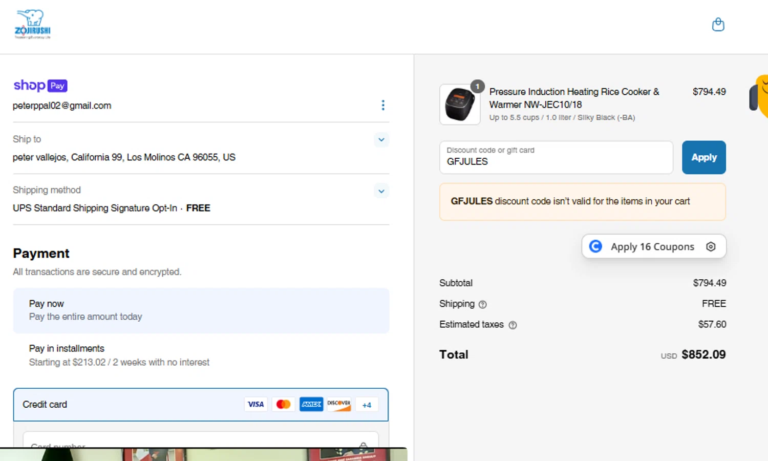 Zojirushi discount code screenshot showing code GFJULES applied at Zojirushi checkout page. Uploaded by SimplyCodes community member ricardoramirez1 on Jun 9, 2025