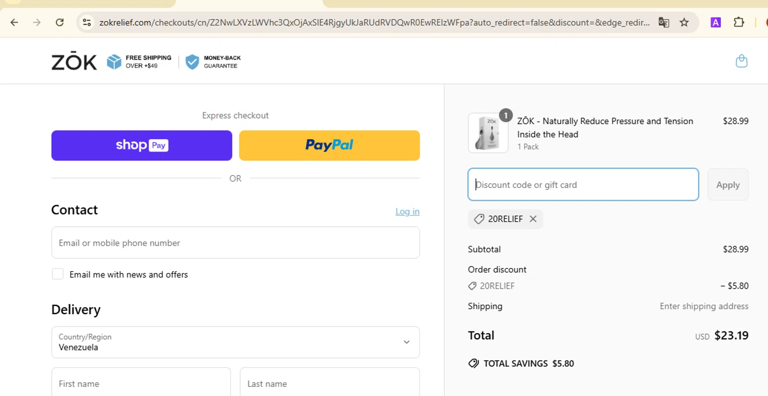 Zōk Relief promo code screenshot showing code 20RELIEF applied at Zōk Relief checkout page. Uploaded by SimplyCodes community member SmartMaestro6853 on Mar 26, 2025