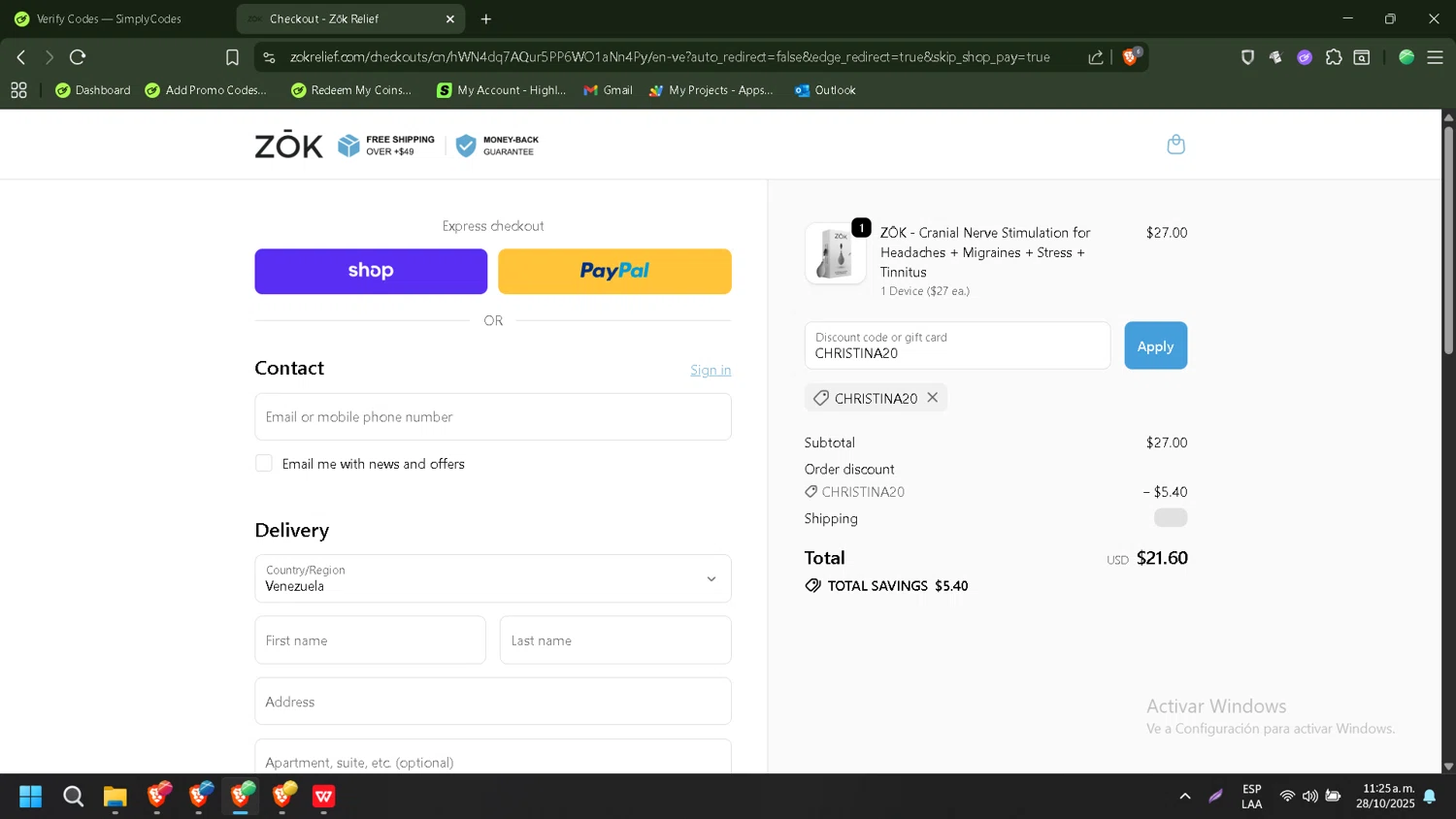 Zōk Relief promo code screenshot showing code CHRISTINA20 applied at Zōk Relief checkout page. Uploaded by SimplyCodes community member PennyMonarch4540 on Oct 28, 2025