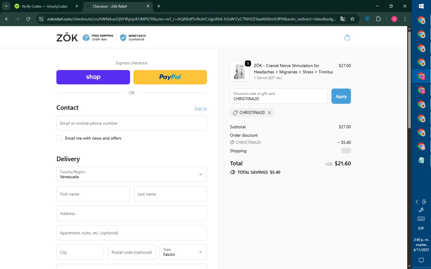Zōk Relief promo code screenshot showing code CHRISTINA20 applied at Zōk Relief checkout page. Uploaded by SimplyCodes community member RebateNavigator926 on Nov 4, 2025