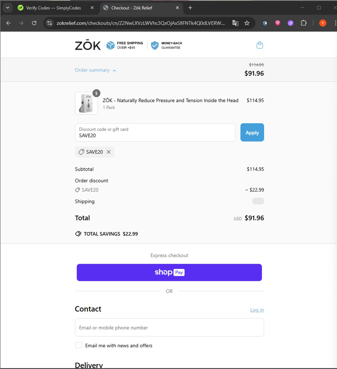 Zōk Relief promo code screenshot showing code SAVE20 applied at Zōk Relief checkout page. Uploaded by SimplyCodes community member youherr on Jun 23, 2025