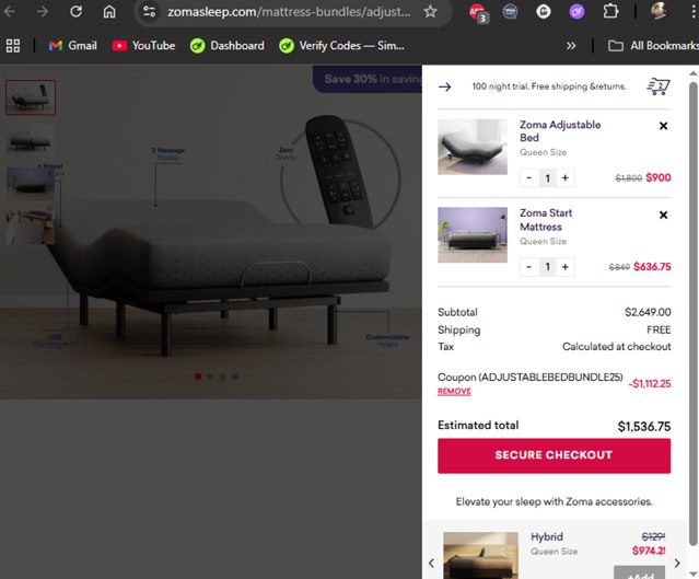 Zoma checkout page showing Zoma coupon code box | Screenshot taken by SimplyCodes community member on Sep 3, 2025