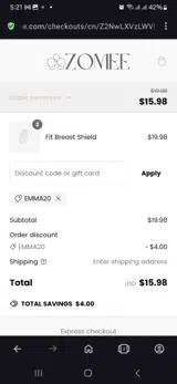 Emma20 coupon verification screenshot