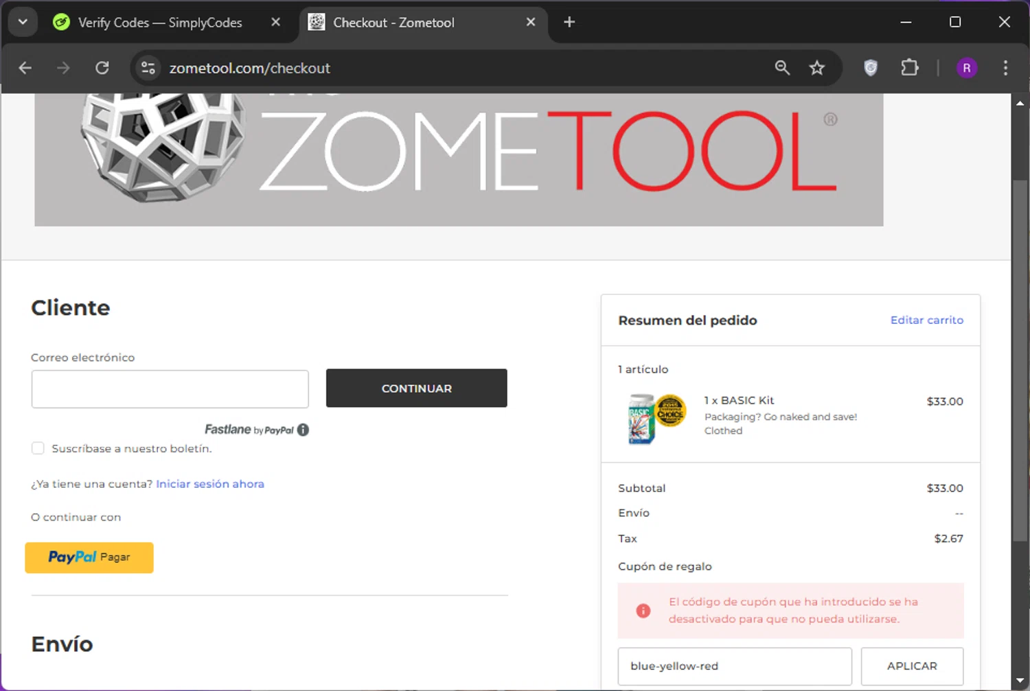 Zometool promo code screenshot showing code blue-yellow-red applied at Zometool checkout page. Uploaded by SimplyCodes community member TokenFox2691 on Jan 3, 2025