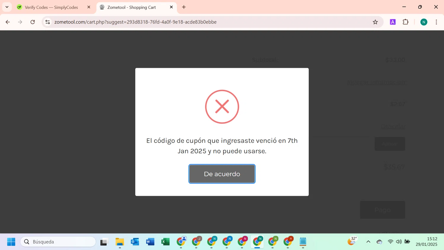 Zometool promo code screenshot showing code XmasCheer applied at Zometool checkout page. Uploaded by SimplyCodes community member ExtraordinaryWizard2377 on Jan 29, 2025