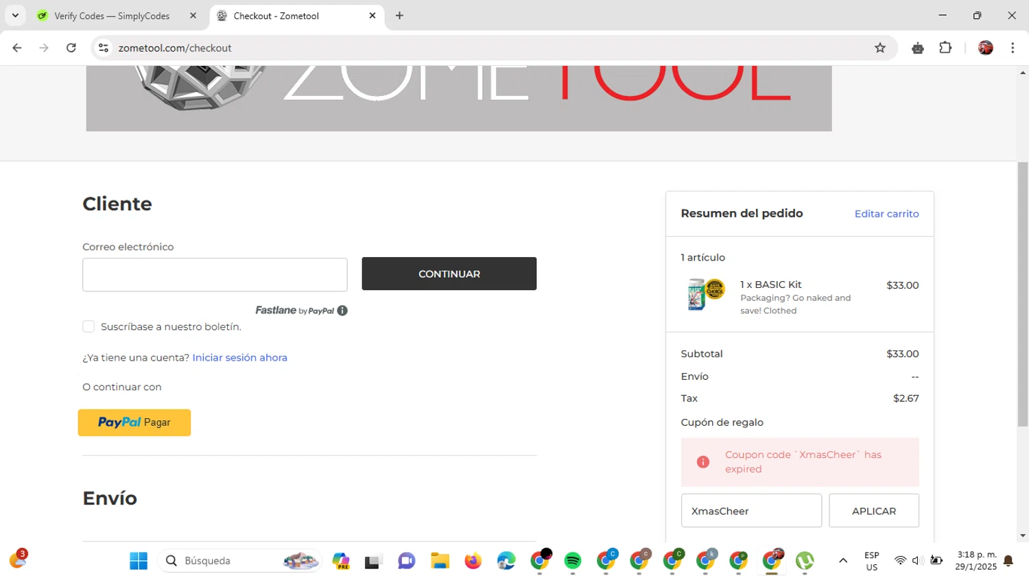 Zometool promo code screenshot showing code XmasCheer applied at Zometool checkout page. Uploaded by SimplyCodes community member GloriousDefender7889 on Jan 29, 2025