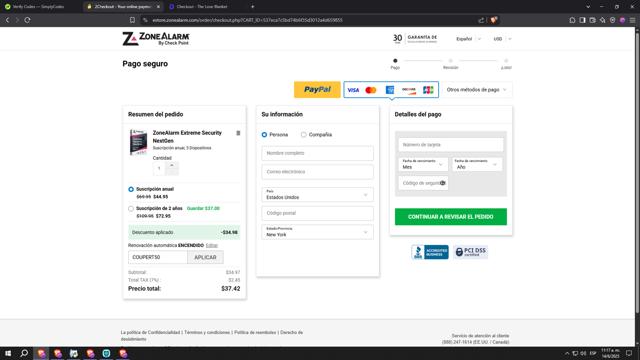 ZoneAlarm checkout page showing ZoneAlarm coupon code box | Screenshot taken by SimplyCodes community member on Jun 14, 2025