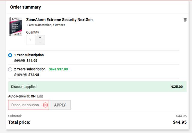 ZoneAlarm checkout page showing ZoneAlarm coupon code box | Screenshot taken by SimplyCodes community member on May 6, 2025