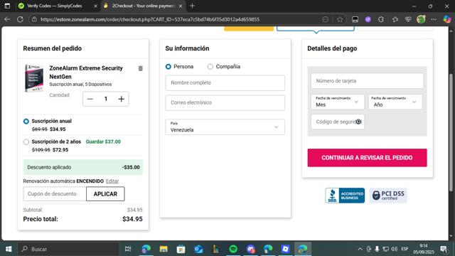 ZoneAlarm checkout page showing ZoneAlarm coupon code box | Screenshot taken by SimplyCodes community member on Sep 5, 2025