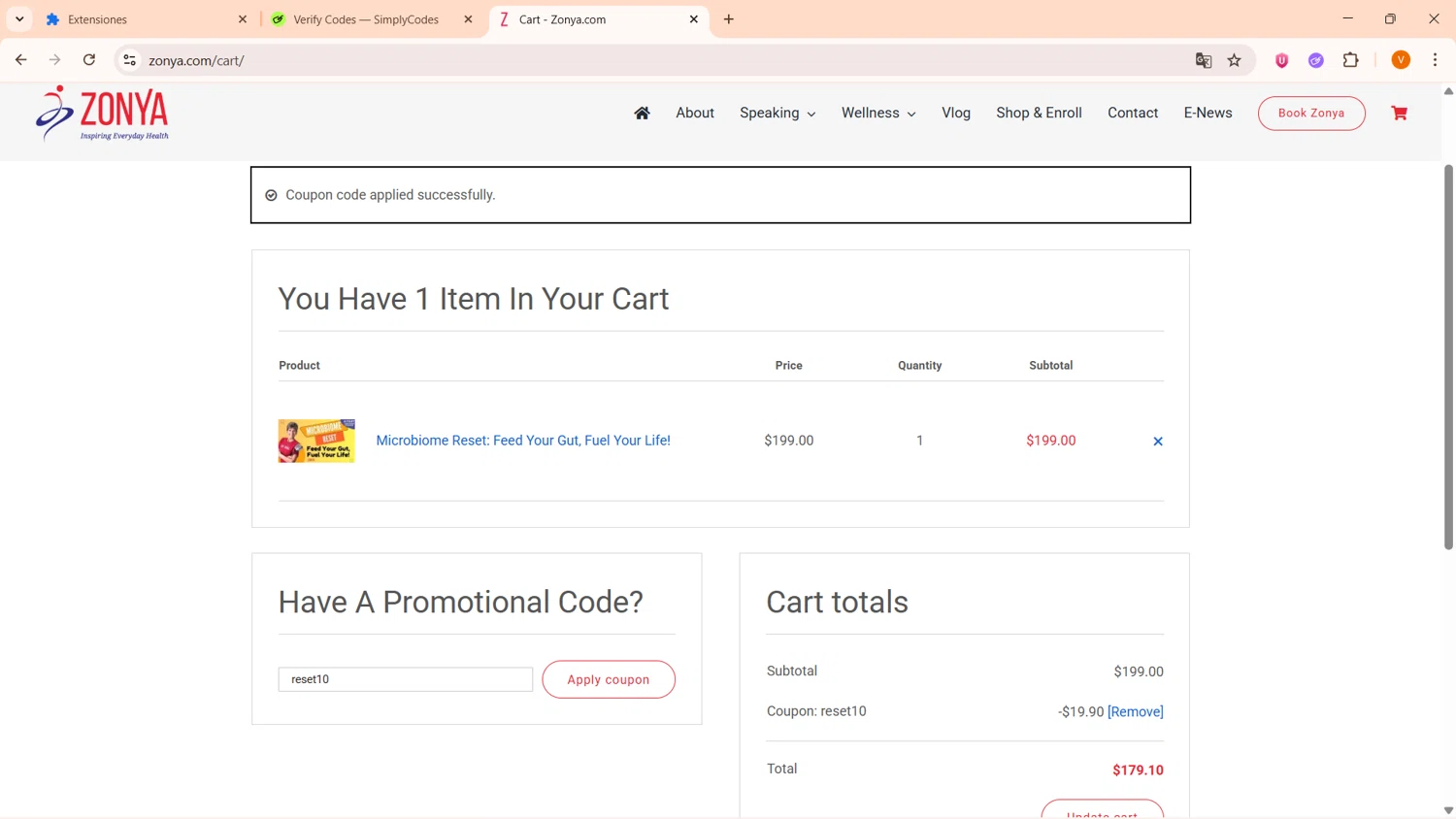 Zonya promo code screenshot showing code reset10 applied at Zonya checkout page. Uploaded by SimplyCodes community member FortunateFinder9465 on Dec 19, 2025