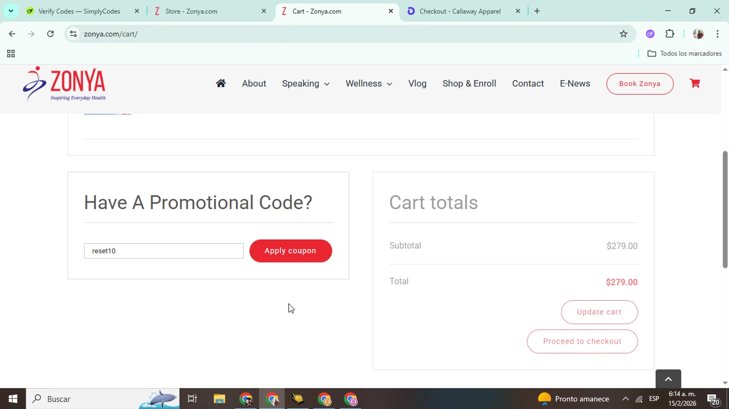 Zonya promo code screenshot showing code reset10 applied at Zonya checkout page. Uploaded by SimplyCodes community member Mujerdejunnior on Feb 15, 2026