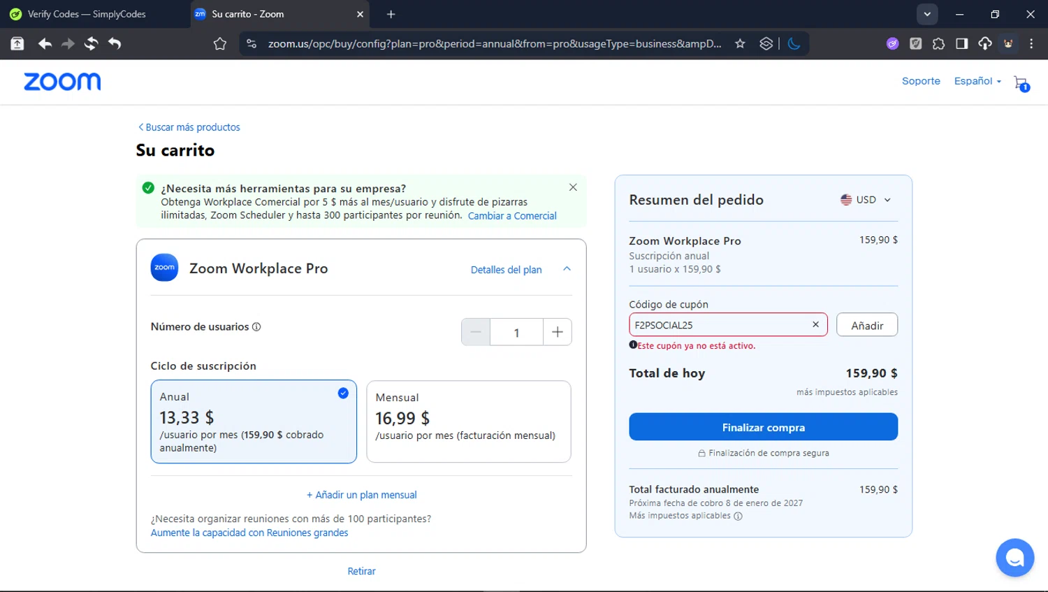 Zoom promo code screenshot showing code F2PSOCIAL25 applied at Zoom checkout page. Uploaded by SimplyCodes community member LegendaryCollector6259 on Jan 8, 2026