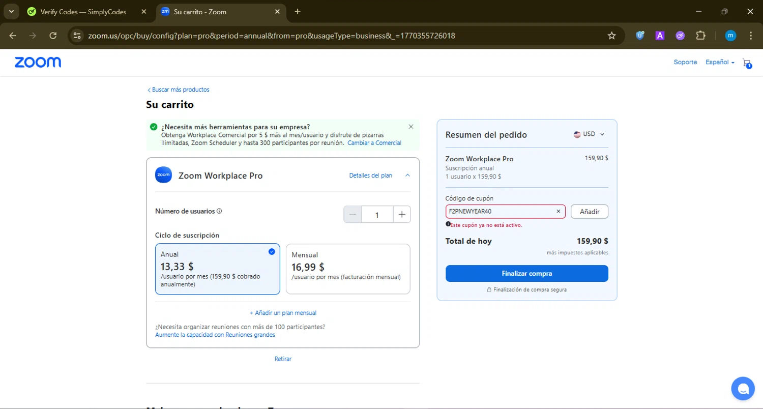 Zoom promo code screenshot showing code F2PNEWYEAR40 applied at Zoom checkout page. Uploaded by SimplyCodes community member LuckyWarden9122 on Feb 6, 2026