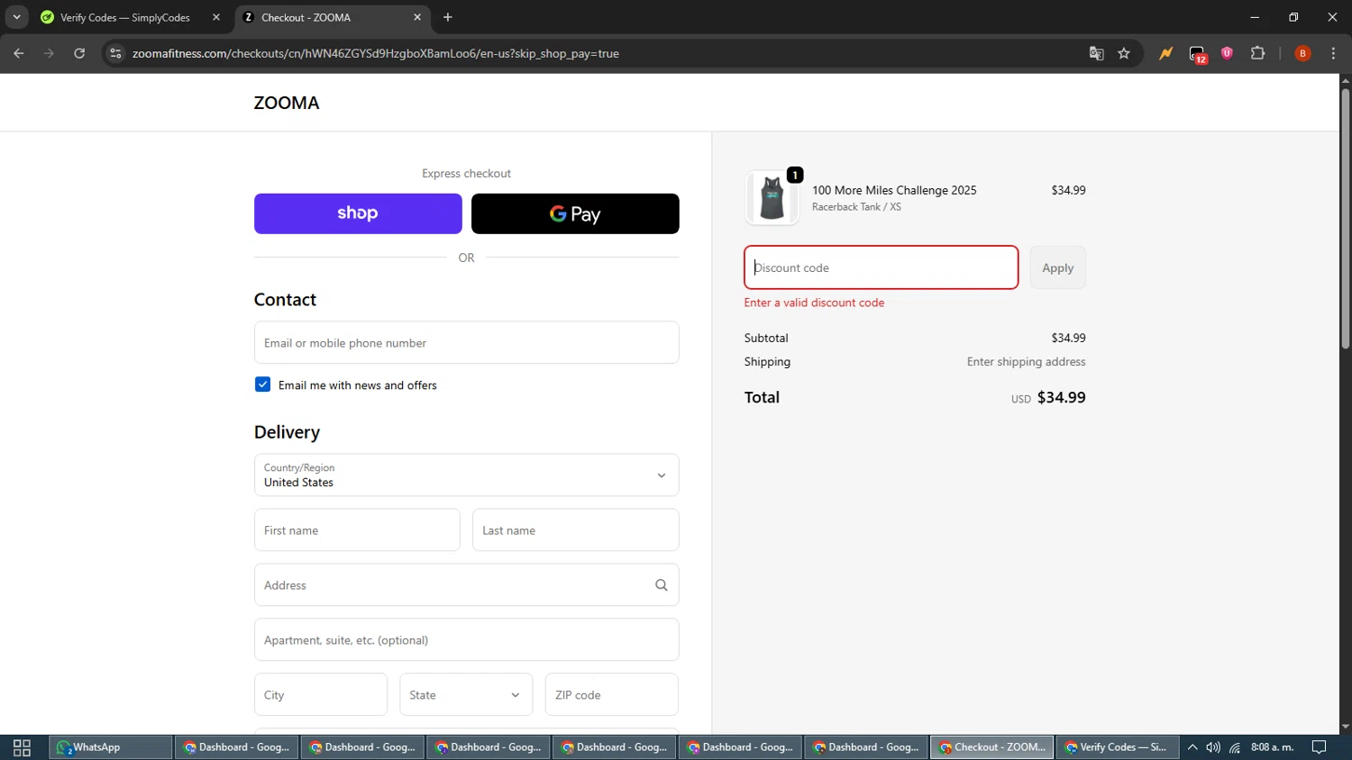 ZOOMA Women's Race Series promo code screenshot showing code 100MILES applied at ZOOMA Women's Race Series checkout page. Uploaded by SimplyCodes community member BrilliantLynx7174 on Oct 14, 2025