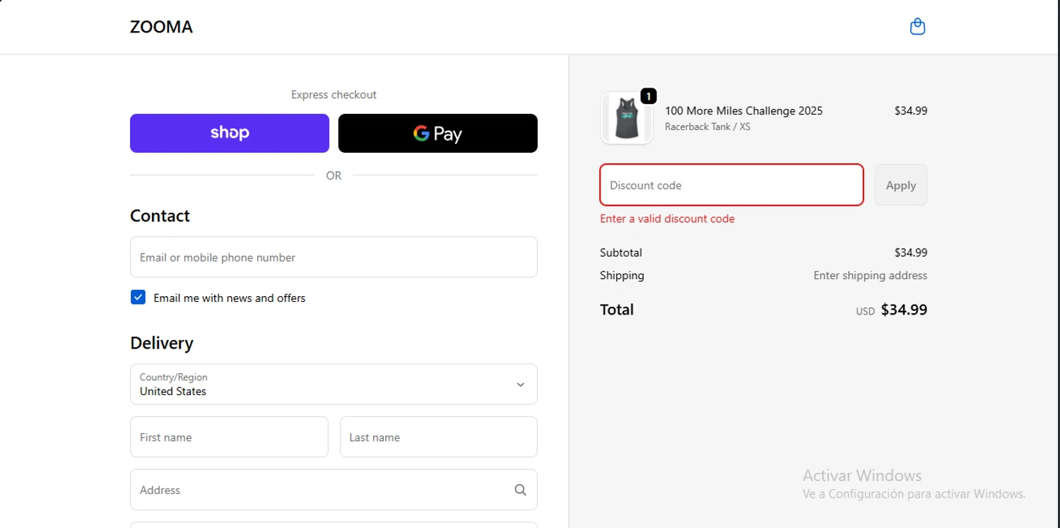 ZOOMA Women's Race Series promo code screenshot showing code 100MILES applied at ZOOMA Women's Race Series checkout page. Uploaded by SimplyCodes community member RewardLynx9164 on Oct 14, 2025