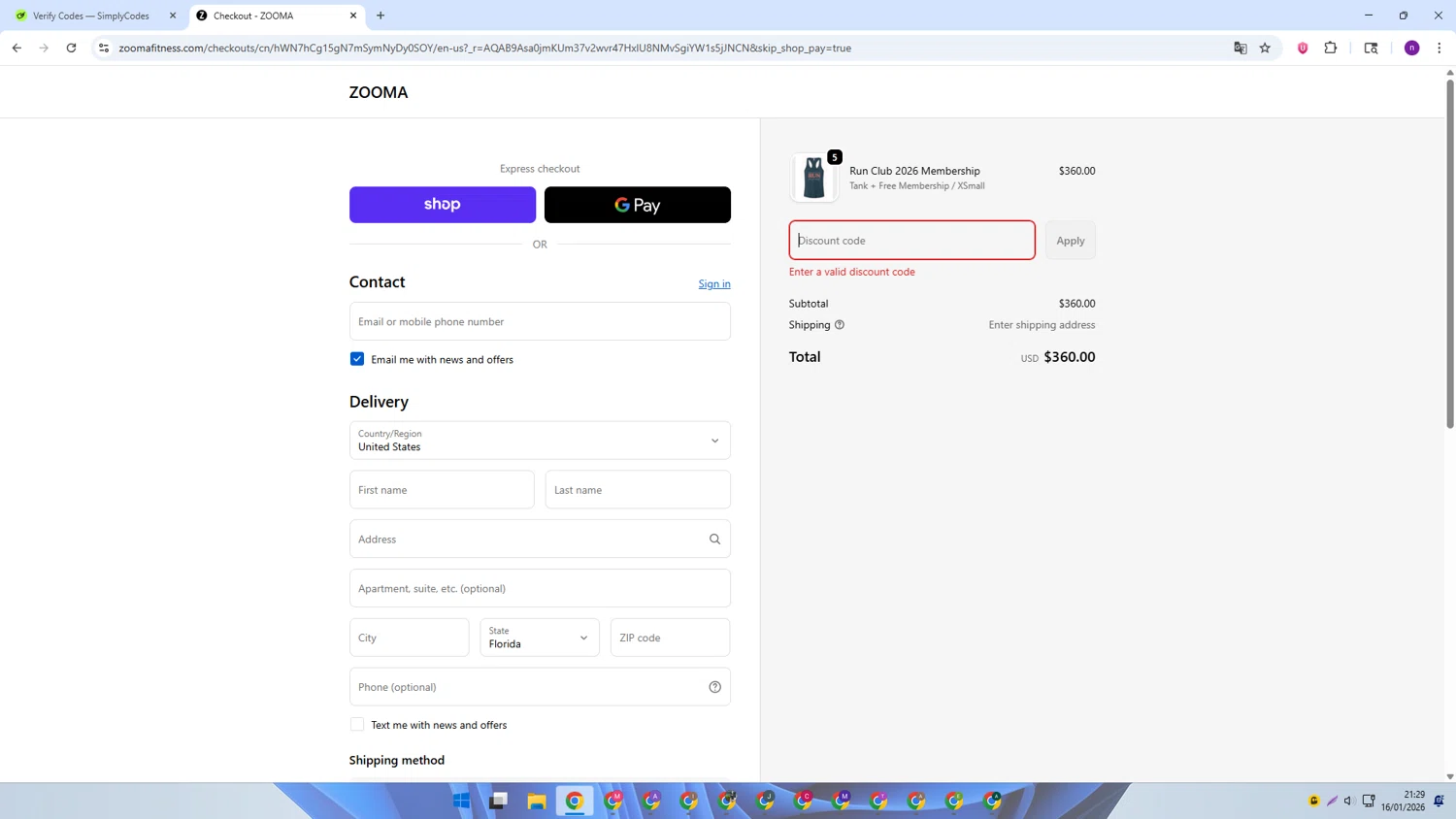 ZOOMA Women's Race Series promo code screenshot showing code friday25 applied at ZOOMA Women's Race Series checkout page. Uploaded by SimplyCodes community member AVAMUSTANG on Jan 17, 2026