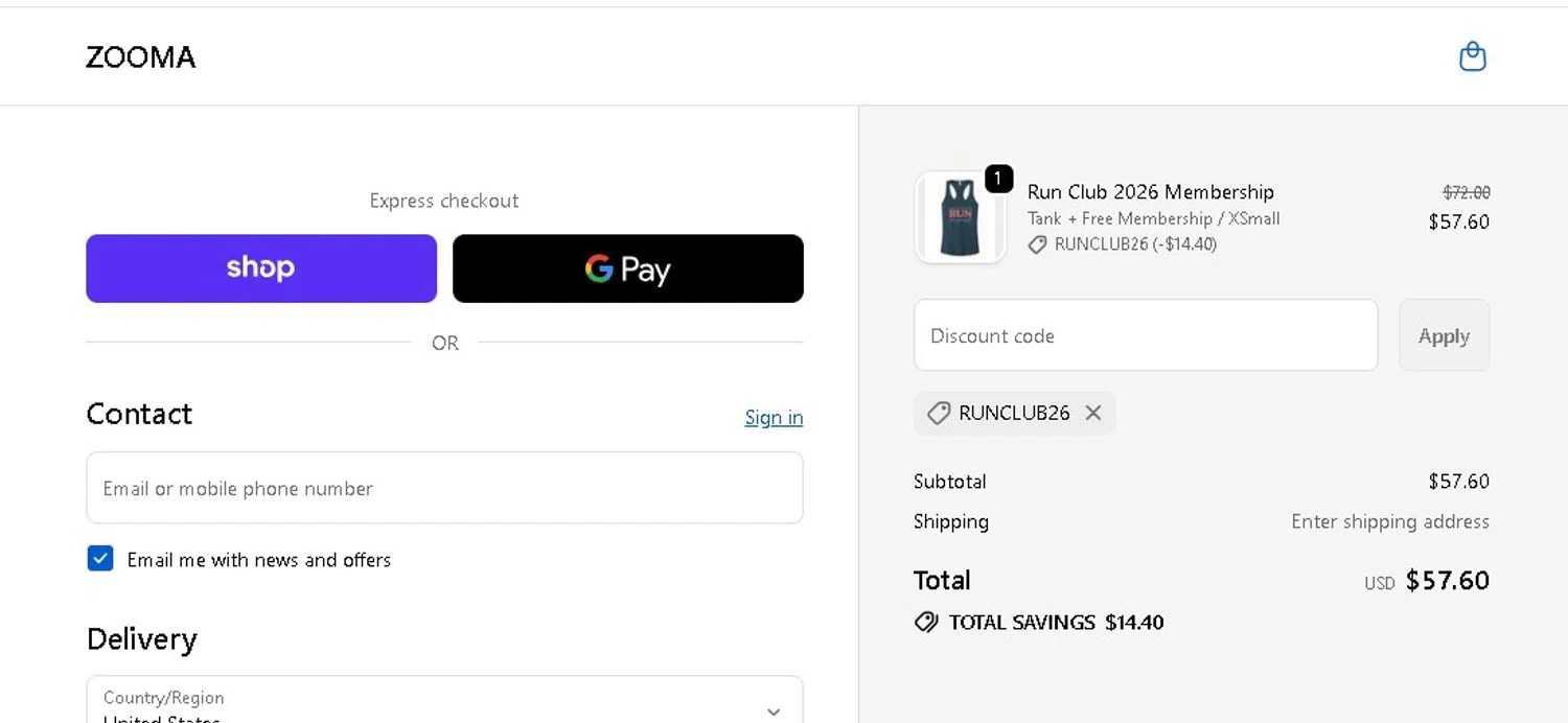ZOOMA Women's Race Series promo code screenshot showing code RUNCLUB26 applied at ZOOMA Women's Race Series checkout page. Uploaded by SimplyCodes community member LAMINEJAMAL on Jan 16, 2026