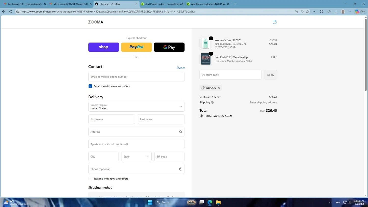 ZOOMA Women's Race Series promo code screenshot showing code WDAY26 applied at ZOOMA Women's Race Series checkout page. Uploaded by SimplyCodes community member Mdeoca on Feb 8, 2026