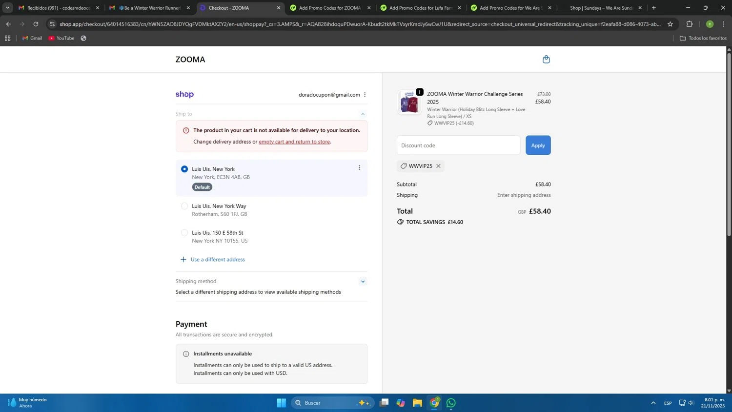 ZOOMA Women's Race Series promo code screenshot showing code WWVIP25 applied at ZOOMA Women's Race Series checkout page. Uploaded by SimplyCodes community member Mdeoca on Nov 22, 2025