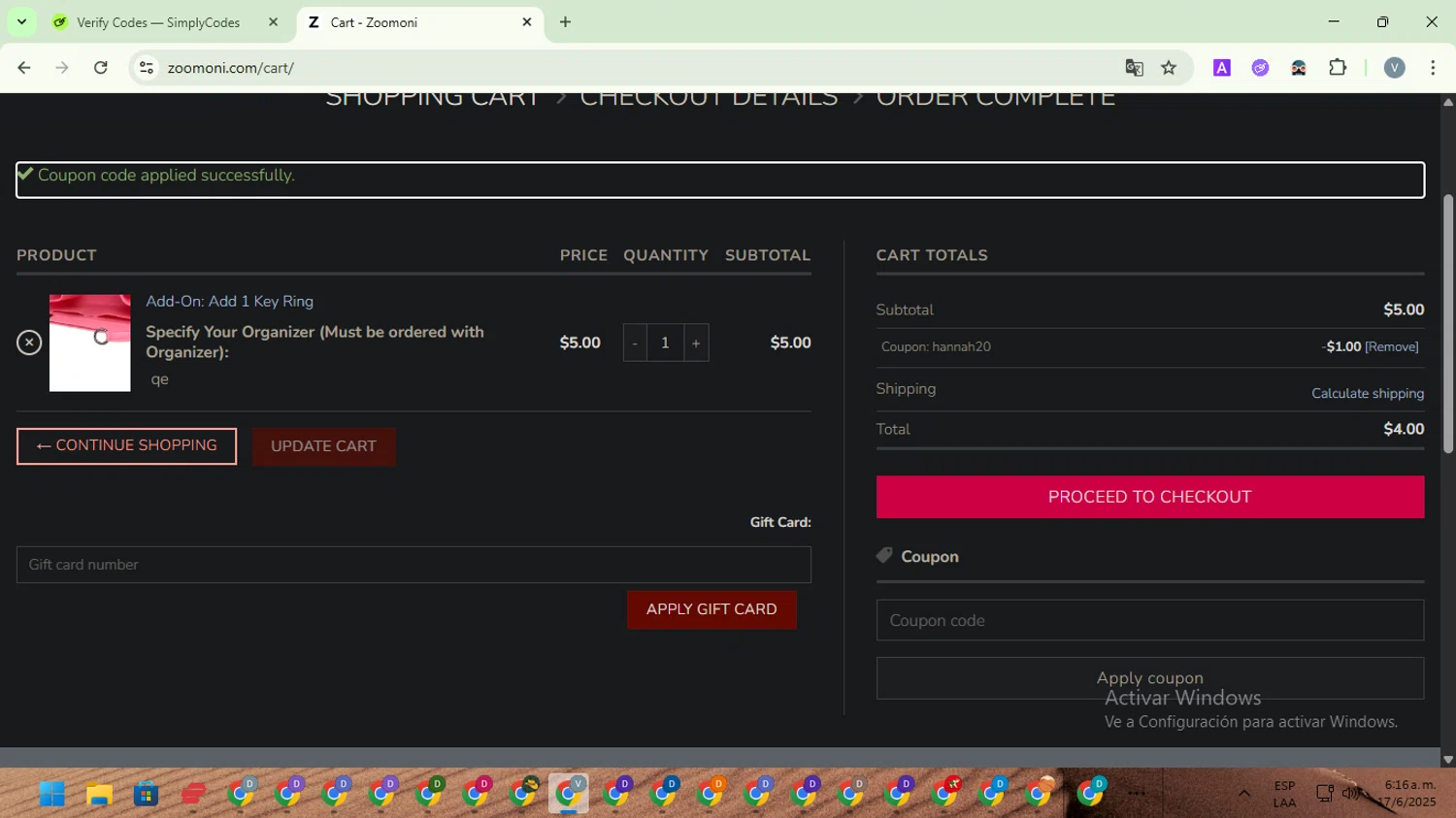 Zoomoni coupon code screenshot showing code HANNAH20 applied at Zoomoni checkout page. Uploaded by SimplyCodes community member SwiftScout1619 on Jun 17, 2025