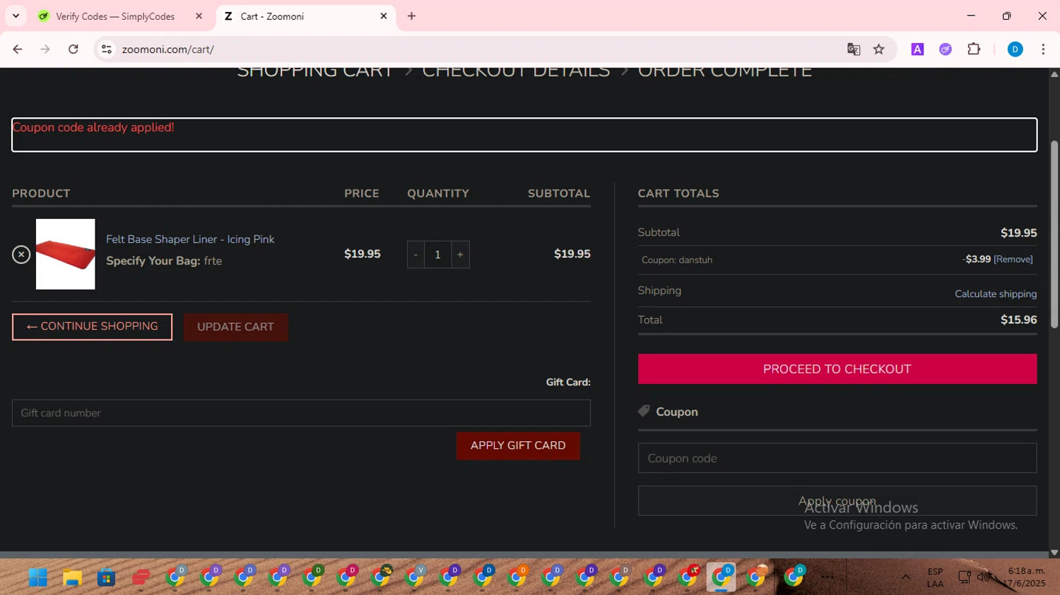 Zoomoni coupon code screenshot showing code DANSTUH applied at Zoomoni checkout page. Uploaded by SimplyCodes community member saltediosteve on Jun 17, 2025