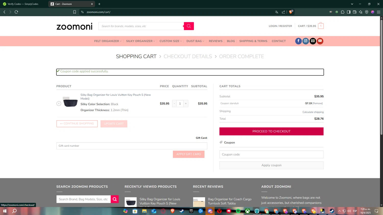 Zoomoni coupon code screenshot showing code DANSTUH applied at Zoomoni checkout page. Uploaded by SimplyCodes community member SavingsHero5596 on Apr 16, 2025